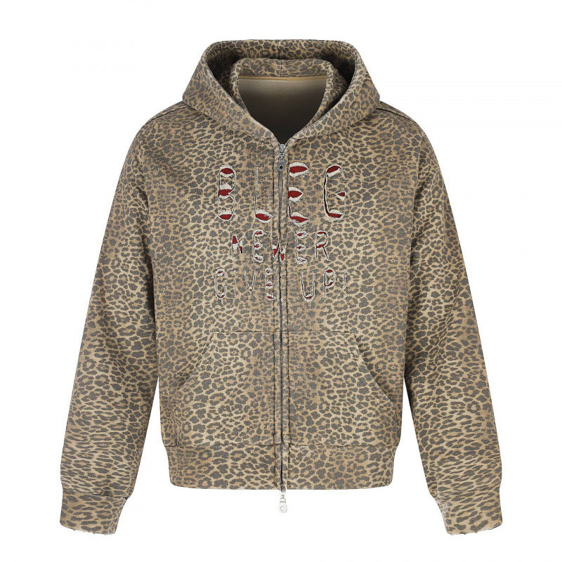 Unisex Kapuzenjacke im Leo‑Allover mit Vintage‑Effekt, Reißverschluss und Destroy‑Stickerei Echo Archiv