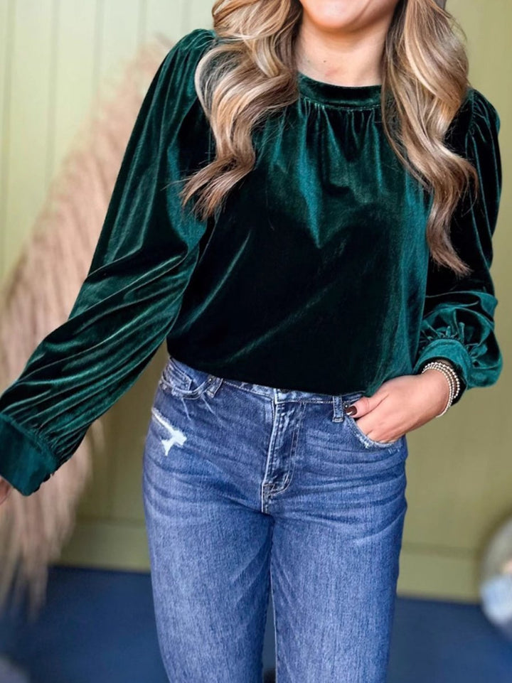 Damen Samtbluse mit Ballonärmeln und gerafftem Stehkragen – Élovi