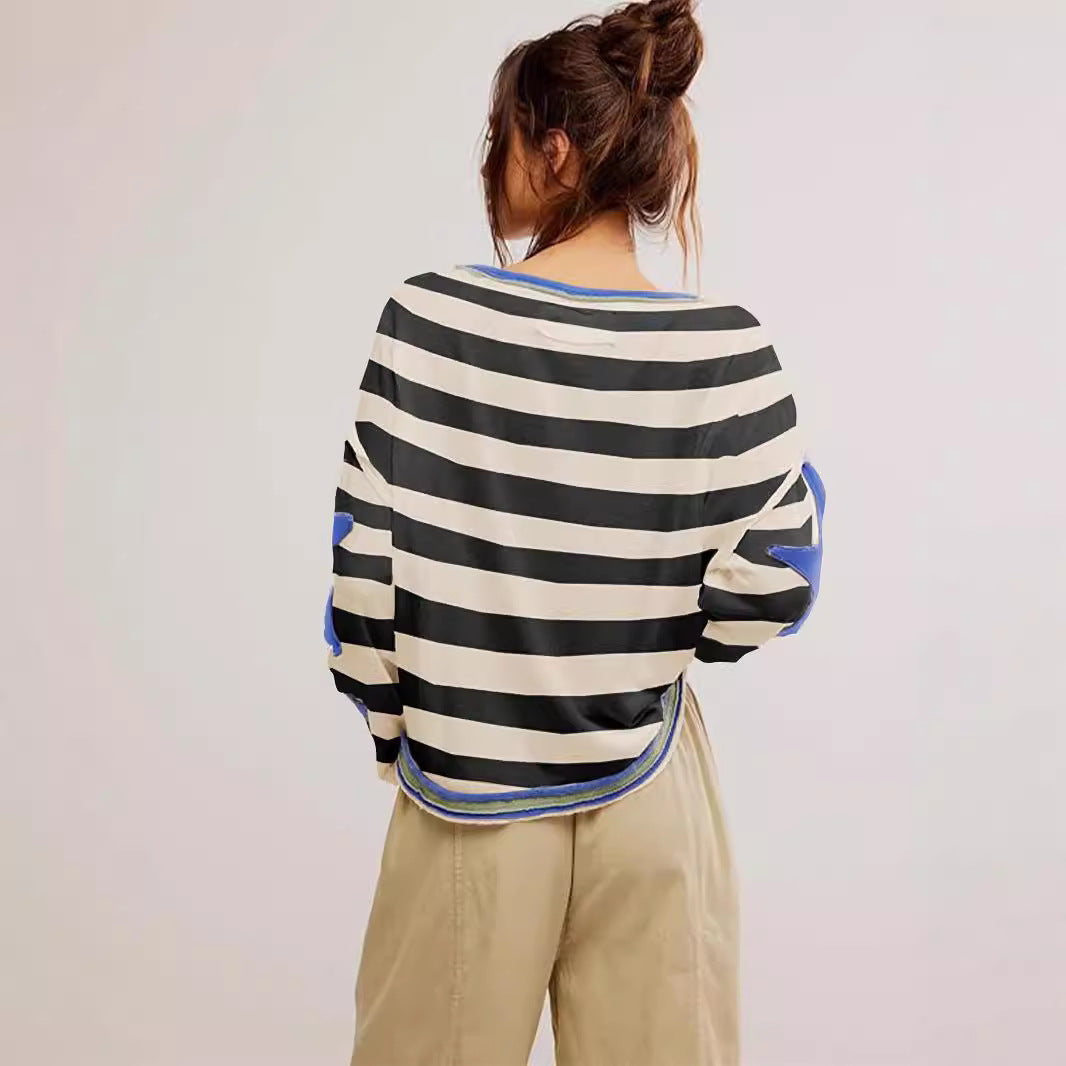 Damen Lässiger Sweatshirt mit Gestreiftem Design und Sternenapplikationen Echoarchiv