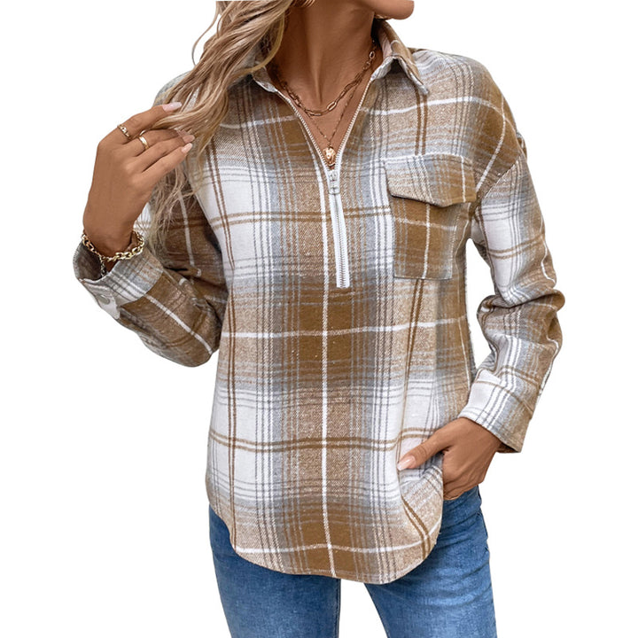 Damen Oversize-Karo-Halbzip-Hemdbluse aus Flanell mit aufgesetzter Brusttasche Echoarchiv