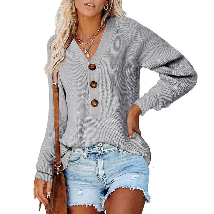 Damen Gerippter Strickpullover mit V‑Ausschnitt, Zierknopfleiste und Ballonärmeln Echoarchiv