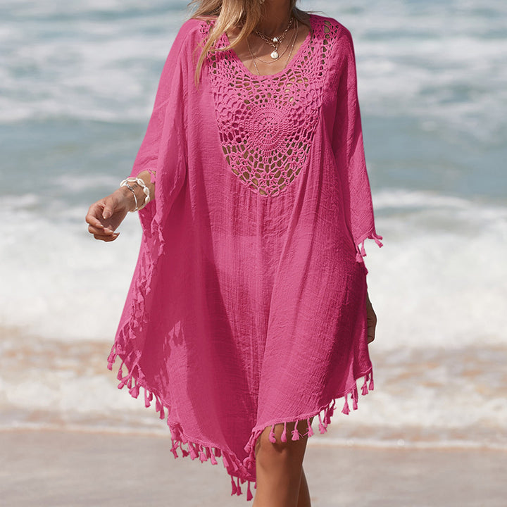 Damen Häkel-Strandüberwurf mit fransigem Saum und elegantem Lochmuster Echo Archiv