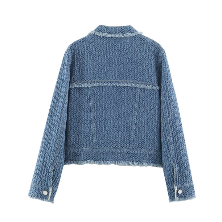 Damen Cropped Boxy-Jeansjacke mit Waffelstruktur, aufgesetzten Pattentaschen und Fransenabschluss Echo Archiv