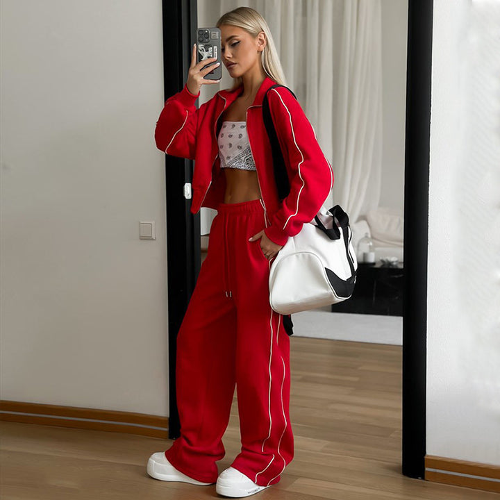 Damen nan kurzes Reißverschluss-Hoodie und hohe Taillen-Jogginghose Set mit dekorativer Seitenpaspel Echo Archiv