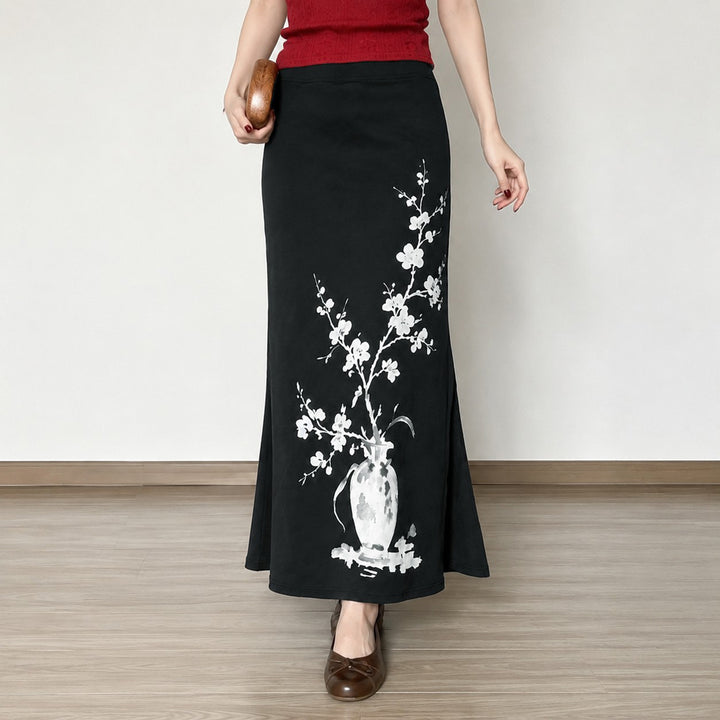 Damen nan ausgestellter Maxi-Rock mit A-Linien-Schnitt, elastischem Bund und floraler Aquarell-Vasen-Print Echo Archiv