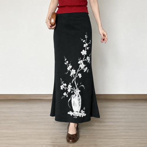 Damen nan ausgestellter Maxi-Rock mit A-Linien-Schnitt, elastischem Bund und floraler Aquarell-Vasen-Print Echo Archiv
