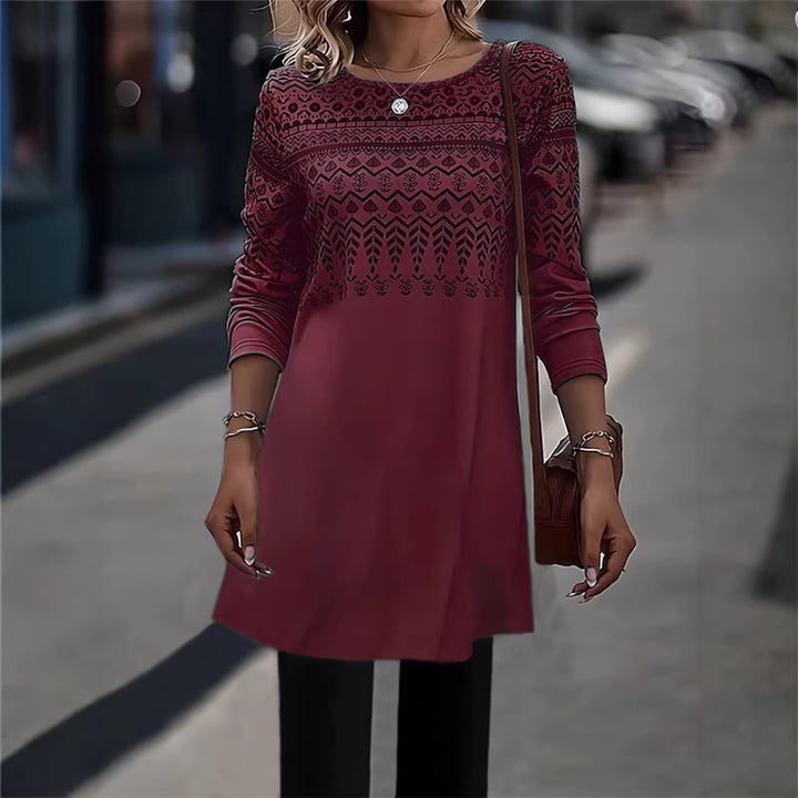 Frauen Longline Tunika Kleid mit Ethno Druck und Rundhalsausschnitt Echoarchiv