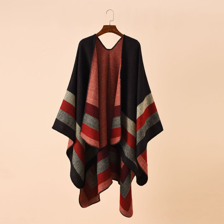 Damen Offener Strick‑Cape‑Poncho mit kontrastierenden Blockstreifen und Zierstich – Avérine