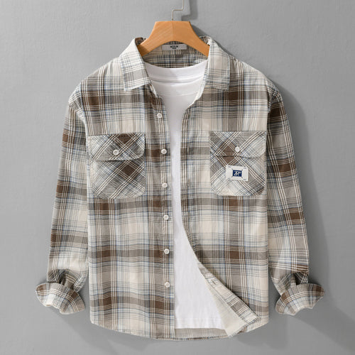 Herren Karierter Baumwoll-Überhemd im Casual-Layering‑Stil mit Pattentaschen Echoarchiv