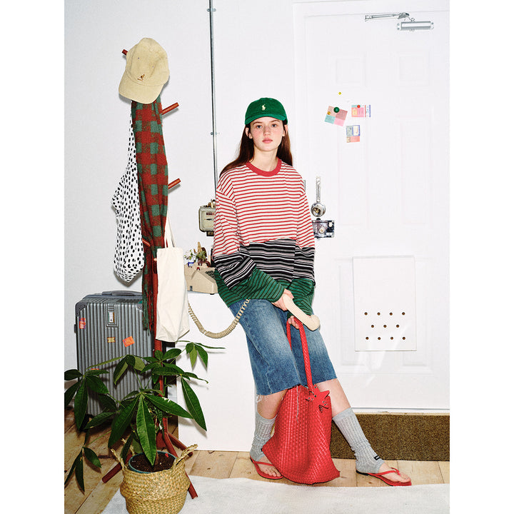 Unisex Lässiges Oversize Langarmshirt mit Blockstreifen aus Baumwollmix Echoarchiv