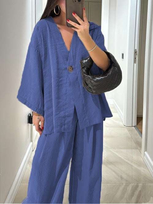 Damen nan lockeres Leinenoptik-Zweiteiler mit Kimono-Blazer und weitem Palazzo-Hose Echo Archiv