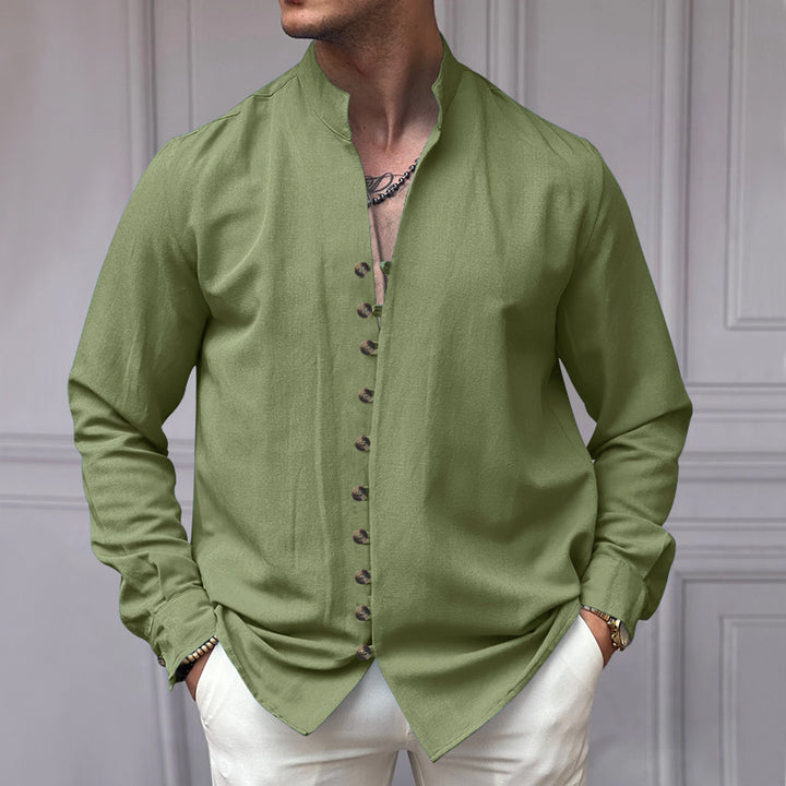 Herren elegantes Langarm-Hemd mit modischem Stehkragen und Knopfleiste Echoarchiv