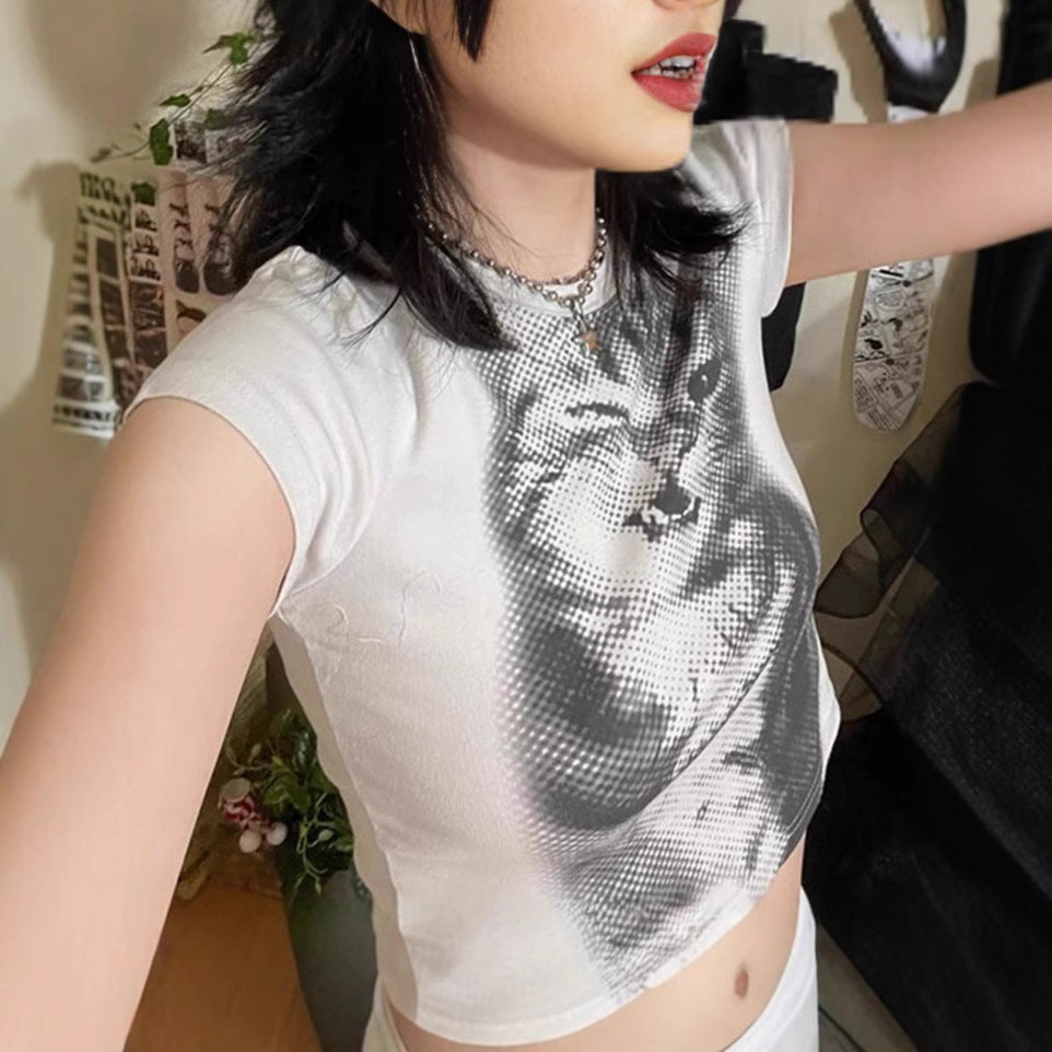 Damen Crop-T-Shirt mit kreativem Katzenmotiv Echo Archiv