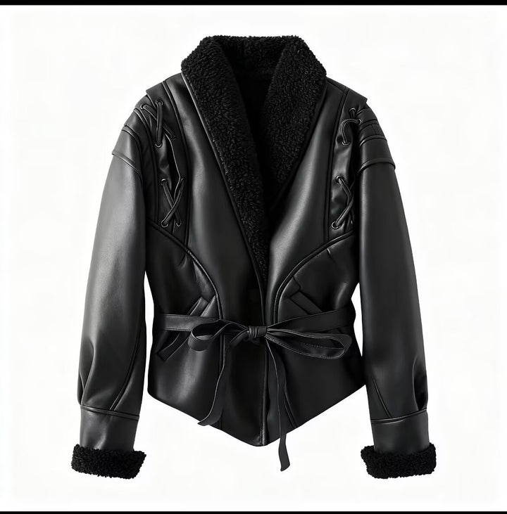 Damen Kurze Kunstlederjacke mit Teddyfutter, Schalkragen und Taillengürtel Echo Archiv
