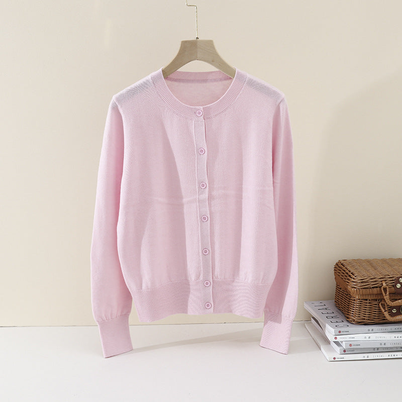 Damen Feiner Knopf-Cardigan mit Rundhalsausschnitt, schmaler Passform und Rippenabschlüssen Echo Archiv