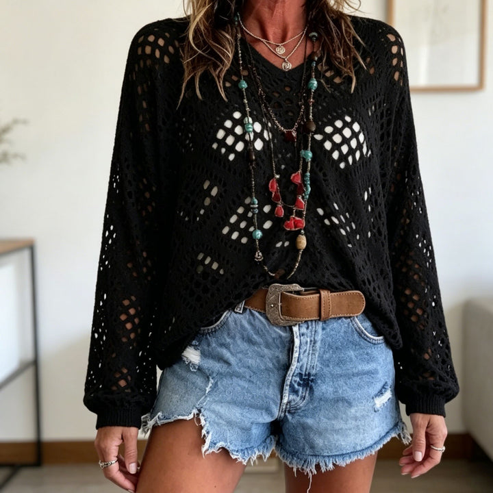 Damen Grobstrick-Häkelpullover mit offenen Maschen und V‑Ausschnitt – Mavelle