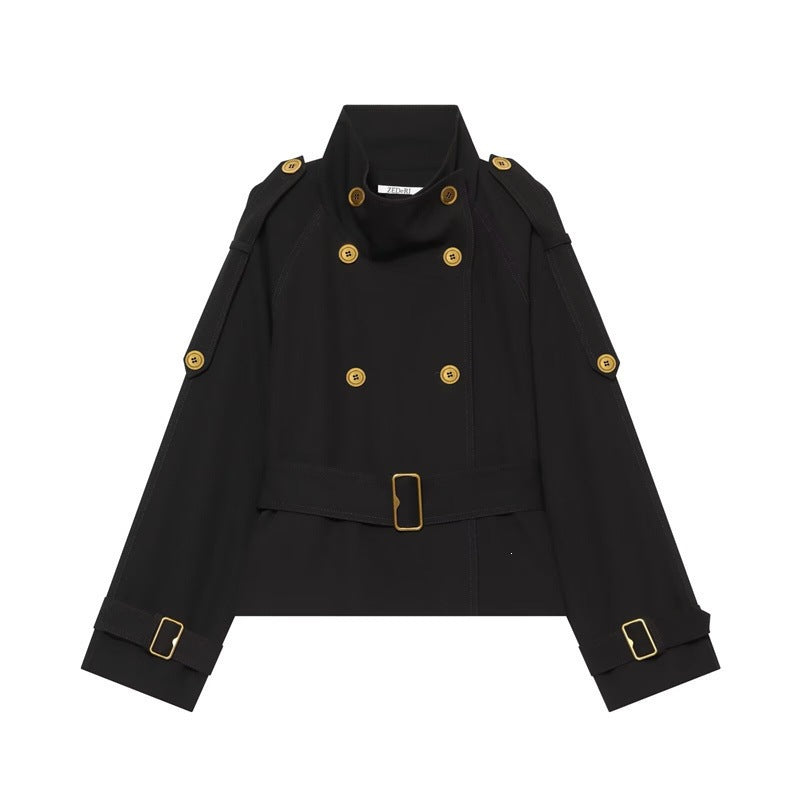 Damen Kurzer Doppelreiher-Trench mit Taillengürtel, Schulterklappen und goldfarbenen Details Echo Archiv