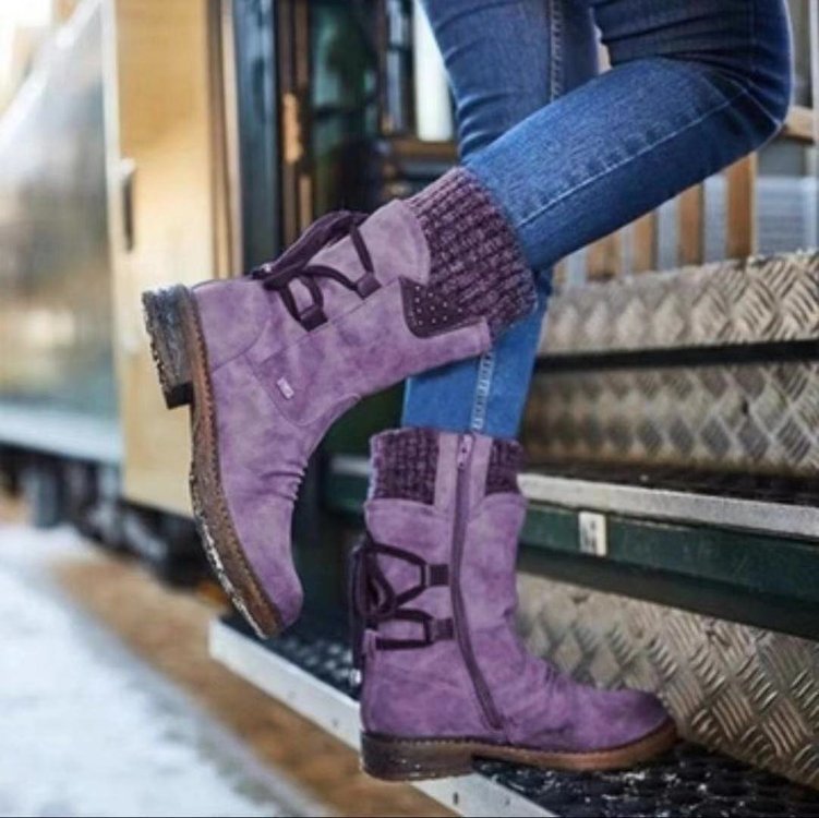 Damen Mid-Cut Stiefel mit Strickmanschette, Zierkordel und Veloursoptik – Lioré