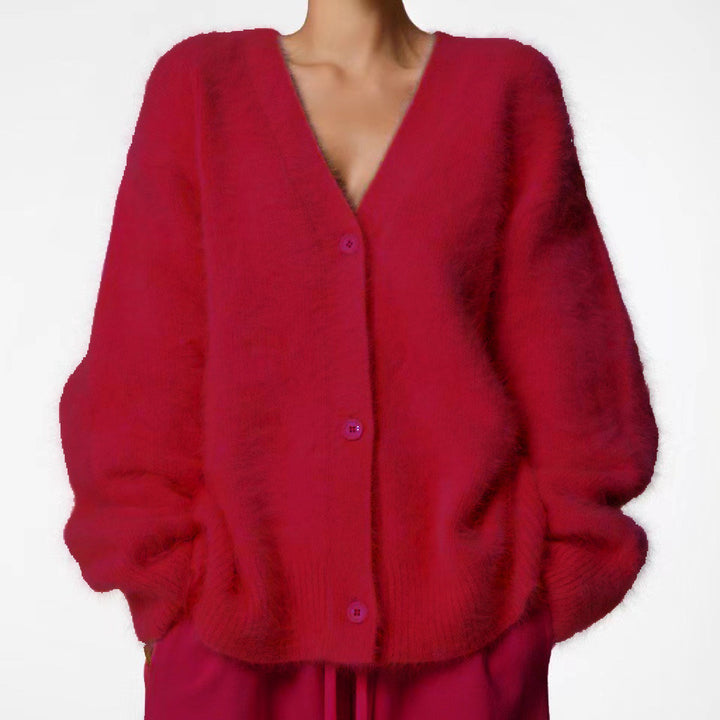 Damen Kuscheliger Oversize-Cardigan aus Teddy-Strick mit tiefem V-Ausschnitt – Veloura