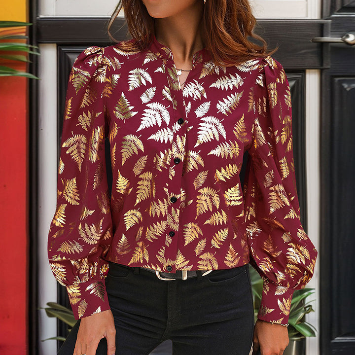 Damen Satin-Bluse mit metallischem Farnprint, Stehkragen & Puffärmeln Echoarchiv