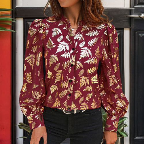Damen Satin-Bluse mit metallischem Farnprint, Stehkragen & Puffärmeln Echoarchiv