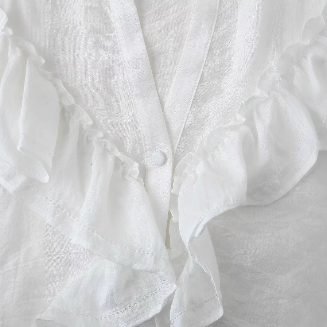 Damen romantische Volant-Bluse mit Stehkragen, verdeckter Knopfleiste und langen Ärmelrüschen – Élovi