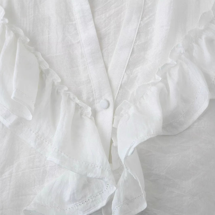 Damen romantische Volant-Bluse mit Stehkragen, verdeckter Knopfleiste und langen Ärmelrüschen – Élovi