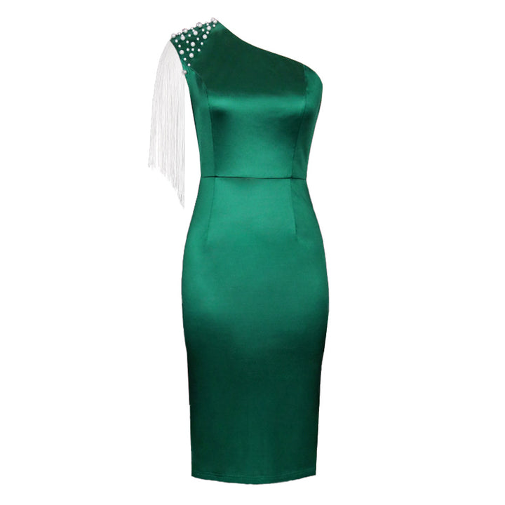 Damen Elegantes asymmetrisches Cocktailkleid mit Perlen- und Fransen-Details Echo Archiv