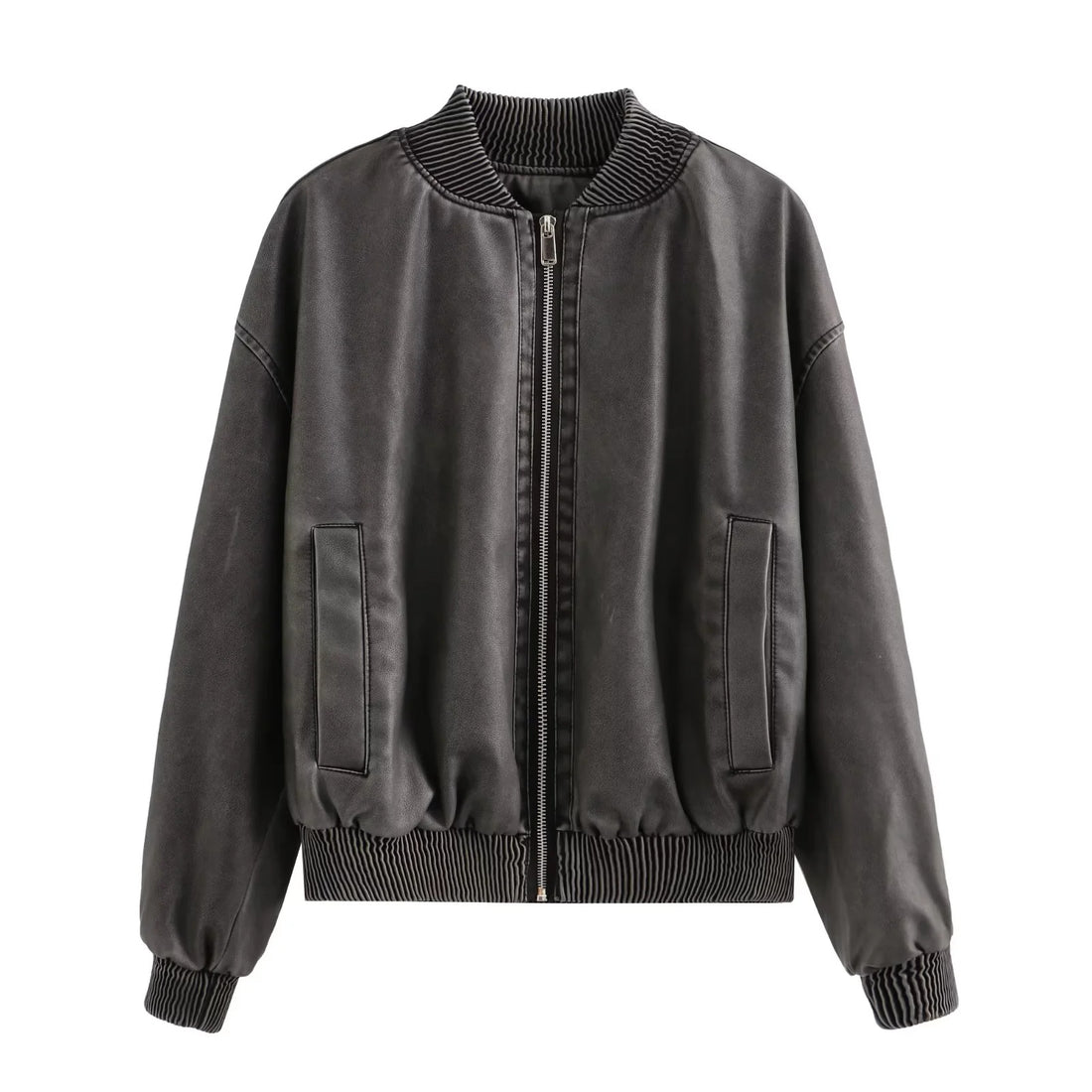Damen oversized Bomberjacke in Lederoptik mit geripptem Stehkragen und Taillenbündchen – Avenza