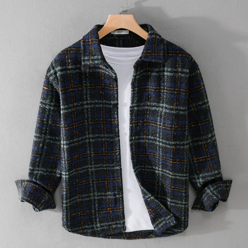 Herren Bouclé-Overshirt im Hemdjackenstil mit Kentkragen und Karomuster Echoarchiv