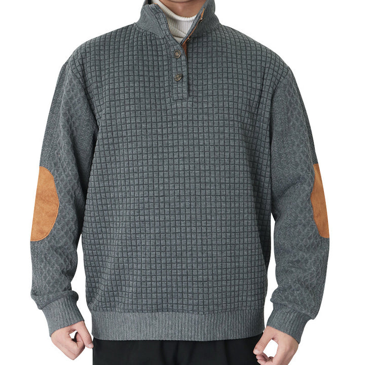 Herren Waffelstrick-Halbzip-Pullover mit Stehkragen Lederbesatz und Ellbogenpatches Echoarchiv