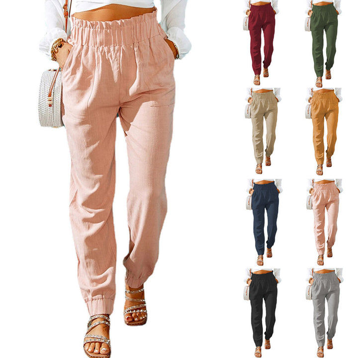 Damen Hochtaillierte Leinenoptik-Joggerhose mit elastischem Rüschbund und Eingrifftaschen Echoarchiv