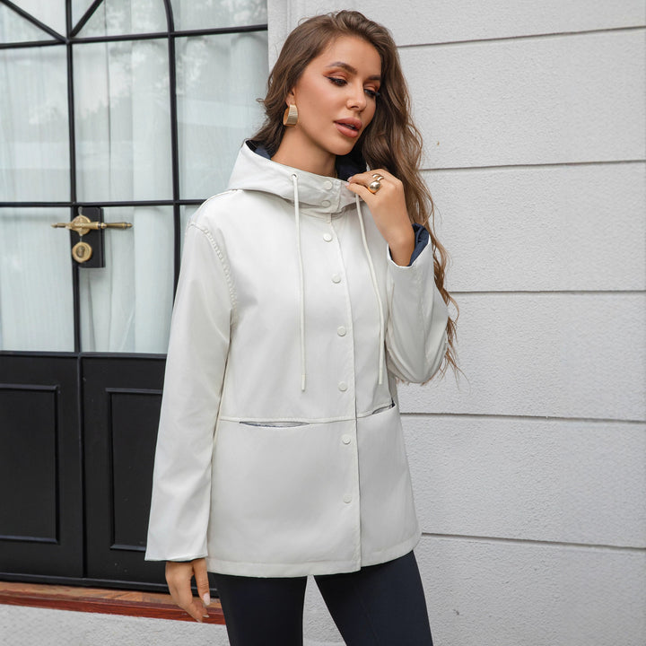 Damen Wasserabweisende Kapuzenjacke mit Druckknopf-Front, Tunnelzug und Eingrifftaschen Echoarchiv