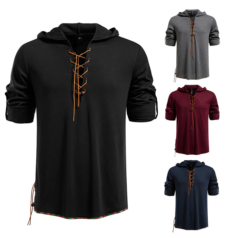 Herren Leichtes Kapuzen-Langarmshirt mit Schnürfront und aufrollbaren Dreiviertel-Ärmeln Echo Archiv