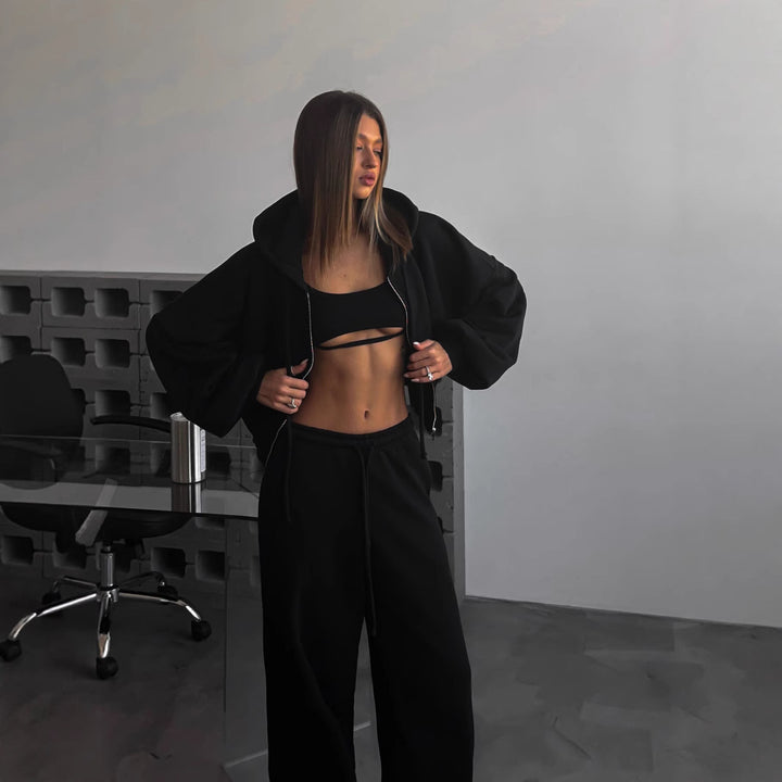 Damen kurzes Kapuzenzipper-Lounge-Set mit oversized Ärmeln und weitem Jogginghose-Schnitt – Auréline