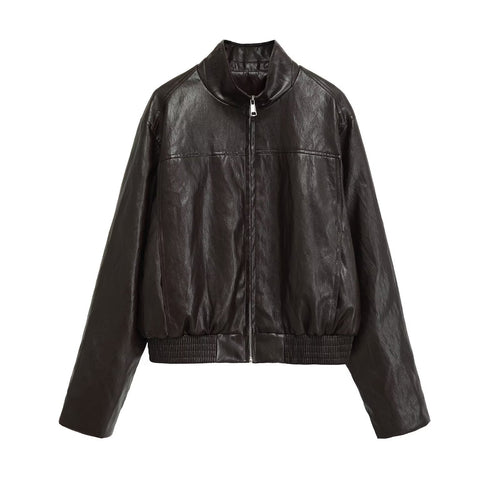 Damen Kurzblouson im Vintage-Lederlook mit Stehkragen, Reißverschluss und breitem Rippbündchen Echo Archiv