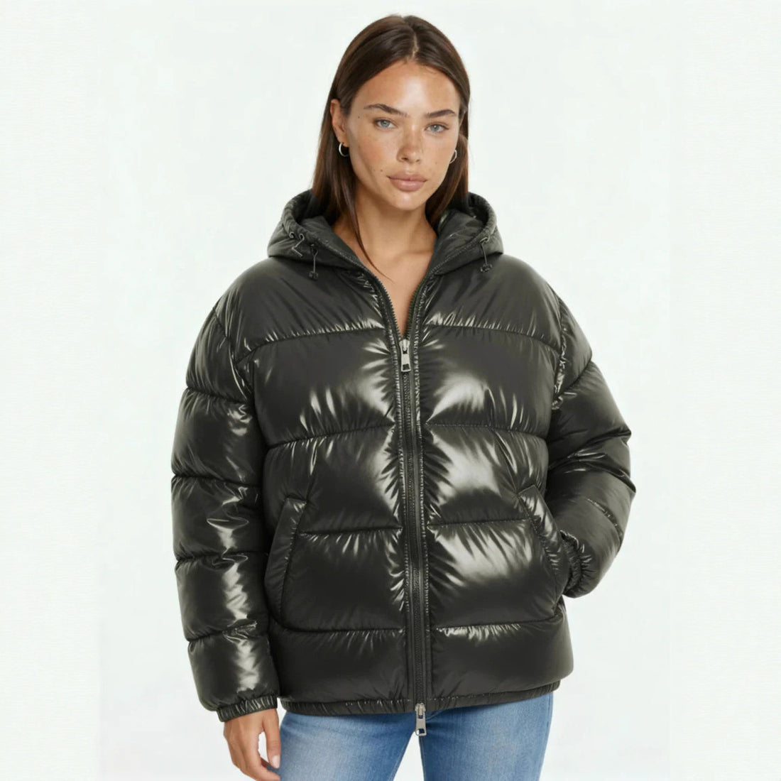 Damen Hochglanz Steppjacke mit Kapuze – Célinea