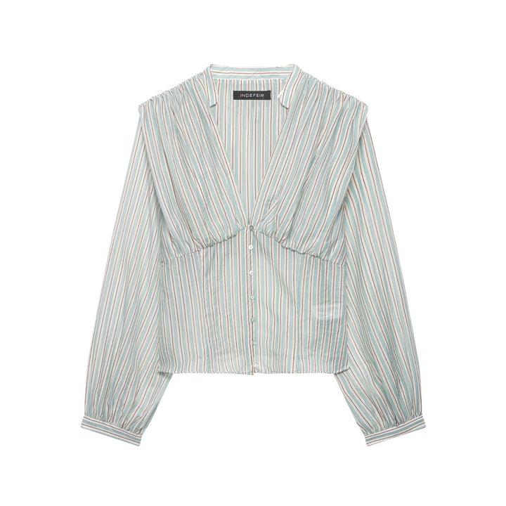 Damen Gestreifte Cropped-Bluse mit tiefem V-Ausschnitt und geraffter Unterbrustnaht Echo Archiv