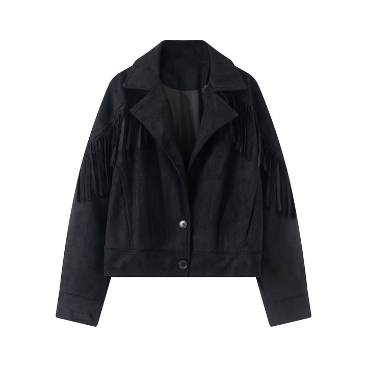 Damen kurze Wildlederimitat-Jacke mit Fransen und Reverskragen Echo Archiv