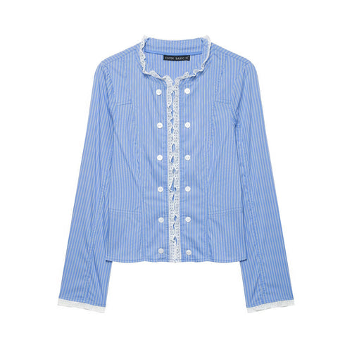 Damen Gestreifte Cropped Blusenjacke mit Spitzenbesatz und Stehkragen Echo Archiv