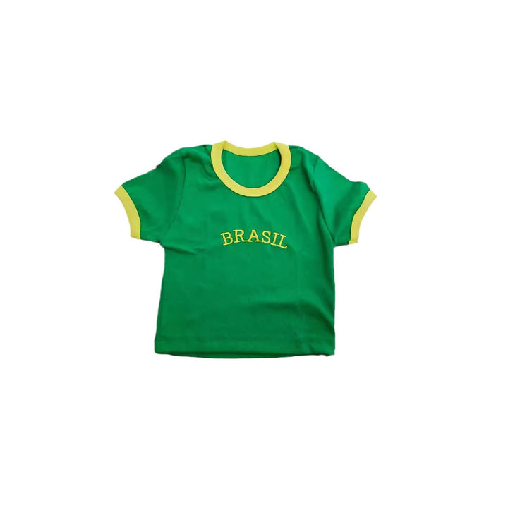 Damen Crop T-Shirt mit Brasil Schriftzug und bunten Akzenten Echo Archiv