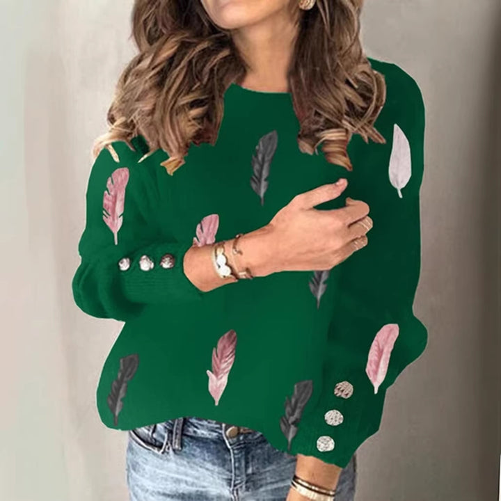 Damen Feinstrickpullover mit Federmotiv, Rundhalsausschnitt und dekorativer Knopfleiste Echoarchiv