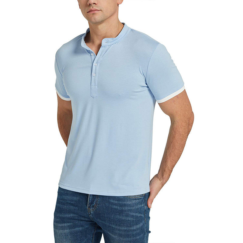 Herren Kurzarm-Henley-Shirt mit modischem Stehkragen und kontrastierenden Akzenten Echoarchiv