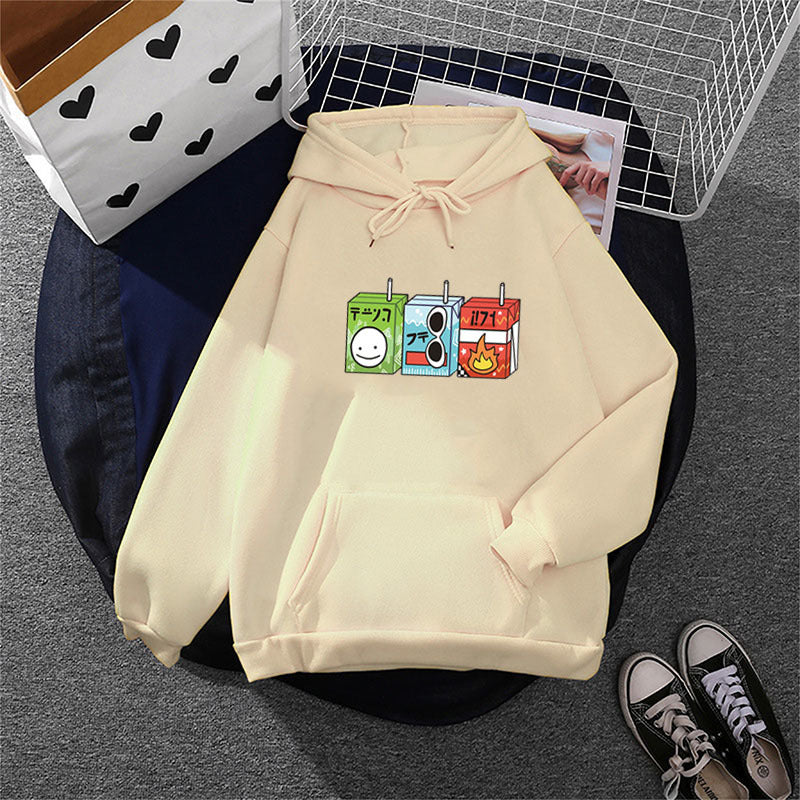 Damen oversized Kapuzenpullover mit Cartoon-Getränkekarton-Print, Kängurutasche und weichem Innenfutter – Auréline