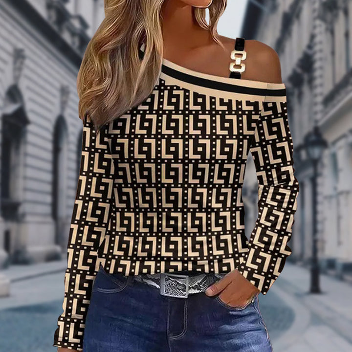 Damen Asymmetrisches Longsleeve mit One-Shoulder, Ziergurt und geometrischem Allover-Print – Avérine