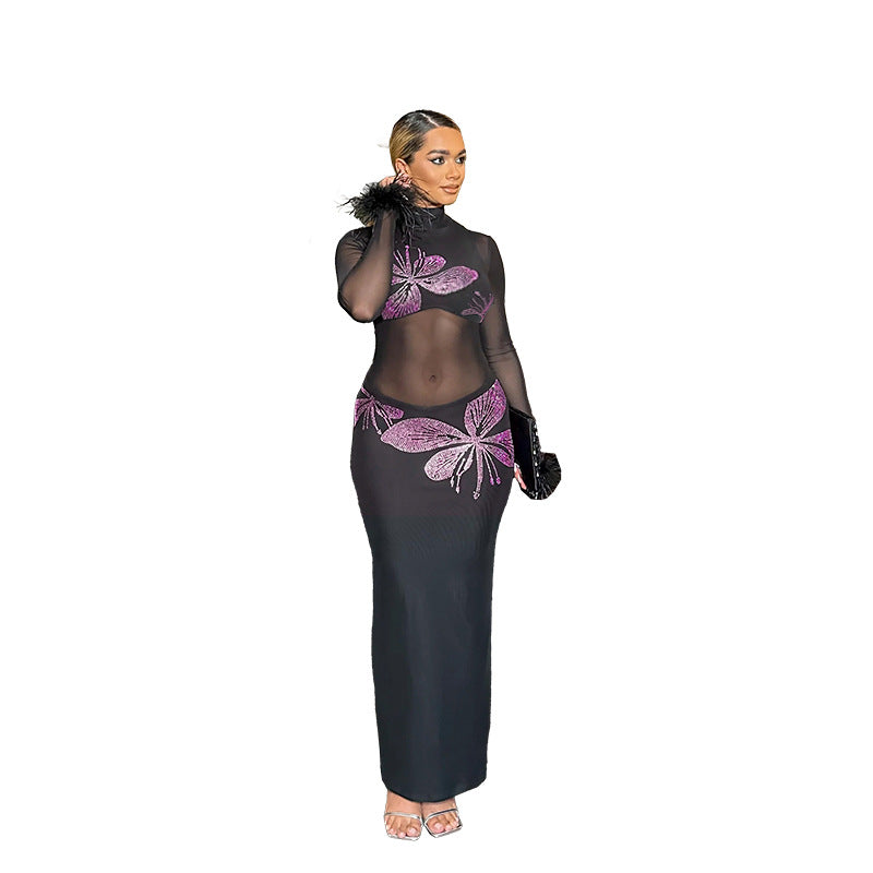 Damen Transparente Maxi-Robe mit kunstvollen Schmetterlingsdetails Echo Archiv