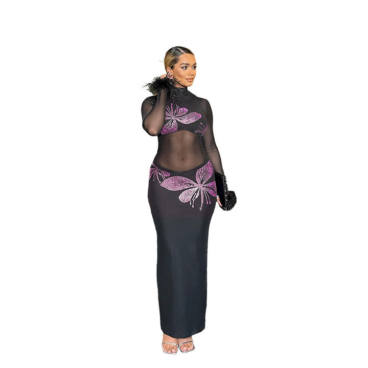 Damen Transparente Maxi-Robe mit kunstvollen Schmetterlingsdetails Echo Archiv