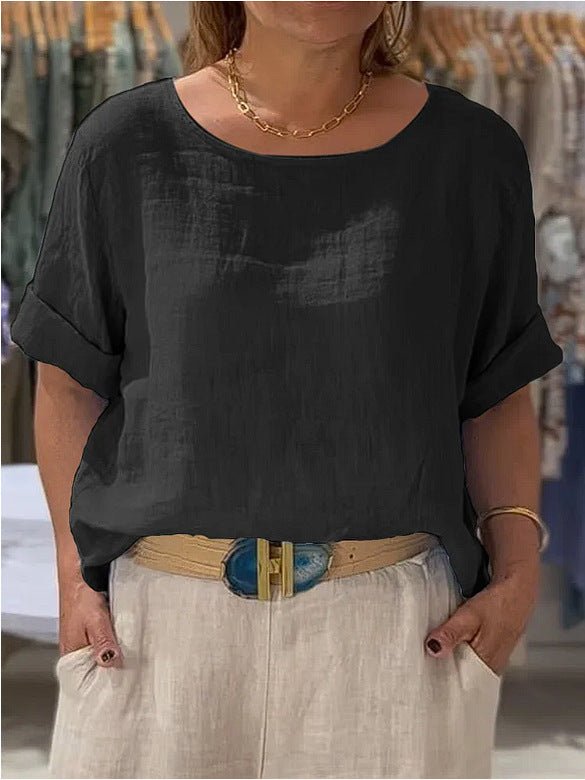 Damen Leichte Leinenbluse mit umgeschlagenen Ärmeln – Élovi