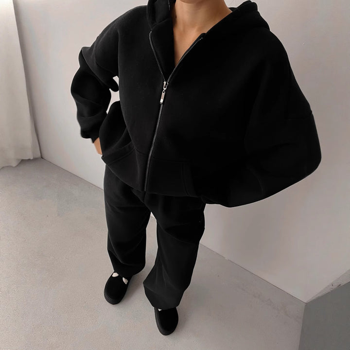 Damen Baumwoll-Fleece Lounge-Set mit Oversize-Zip-Hoodie und Palazzo-Sweatpants – Auréline