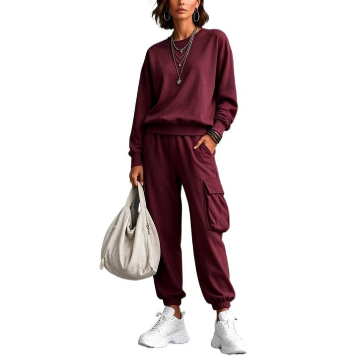 Damen Lounge-Set mit Rundhals-Sweatshirt und Cargo-Jogger aus French-Terry – Mavelle